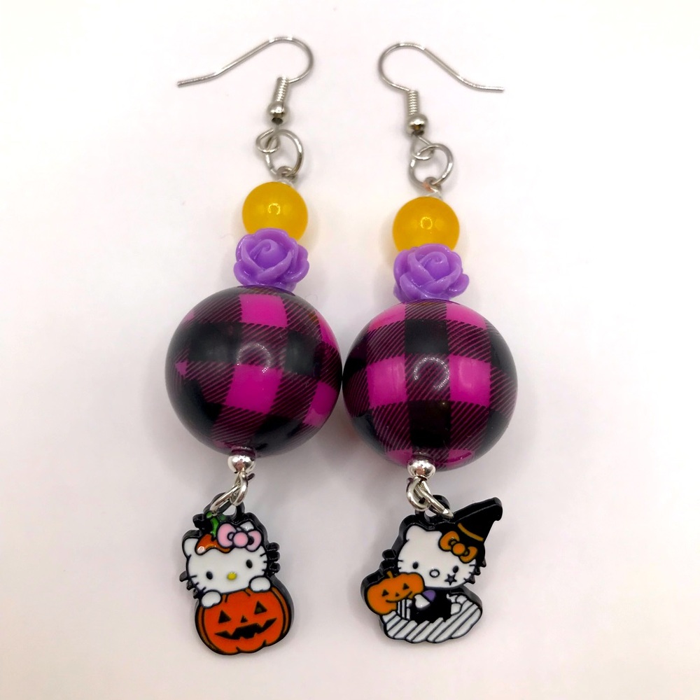 Handmade Pink Plaid Repurposed Hello Kitty Halloween Beaded Charm Long Earrings